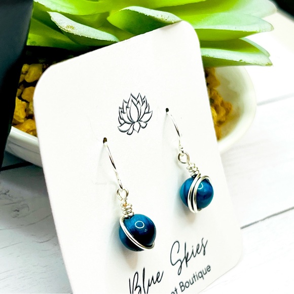 Blue Green Tigers Eye Silver Wire Wrapped Earring with Sterling Silver Hooks - Picture 4 of 4